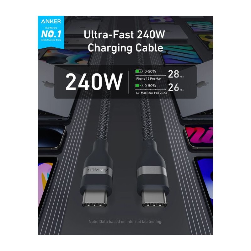 Kabel Anker A82E2H12, USB-C/C, 240W, 1,8m, črn