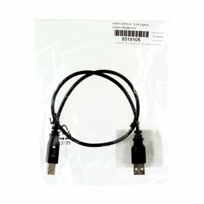 Kabel USB A-B 0,5m Digitus dvojno oklopljen črn
