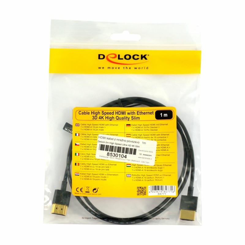 Kabel HDMI - HDMI 1m z mrežno povezavo Delock High speed 3D 4K slim