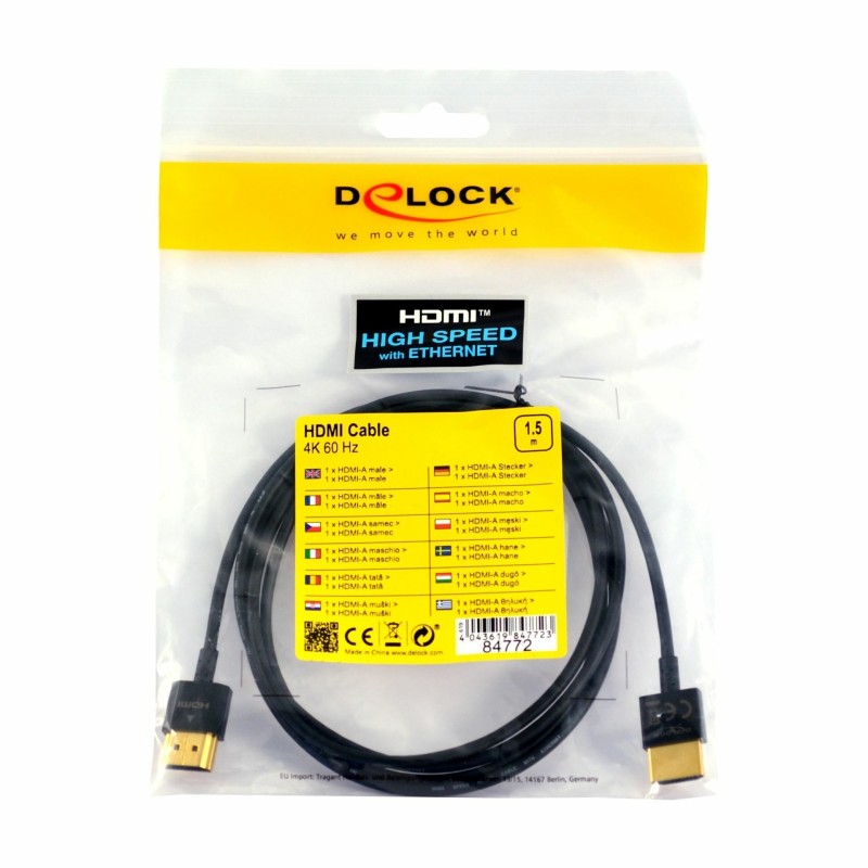 Kabel HDMI z mrežno povezavo 1,5m Delock High Speed Ultra HD 4K Slim, črn
