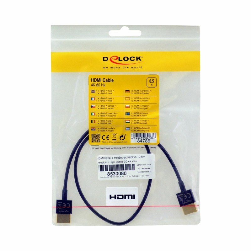 Kabel HDMI z mrežno povezavo 0,5m Delock High Speed Ultra HD 4K slim, črn