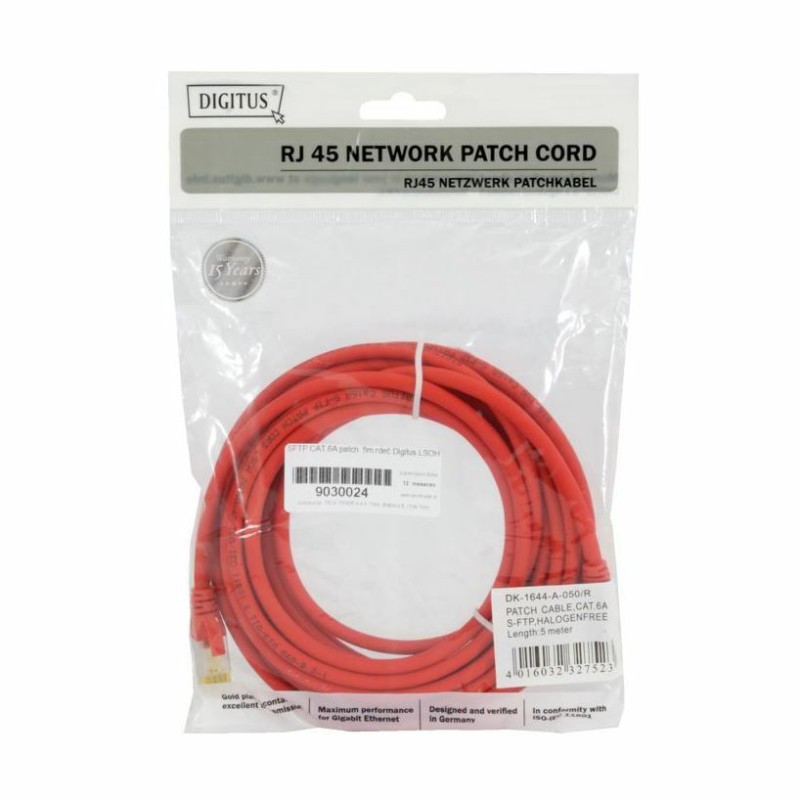 Kabel SFTP CAT.6A patch 5m rdeč Digitus LSOH