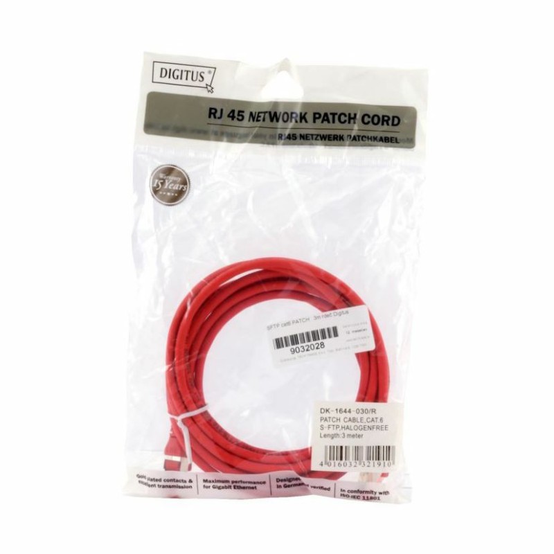 Kabel SFTP CAT.6 patch 3m rdeč Digitus