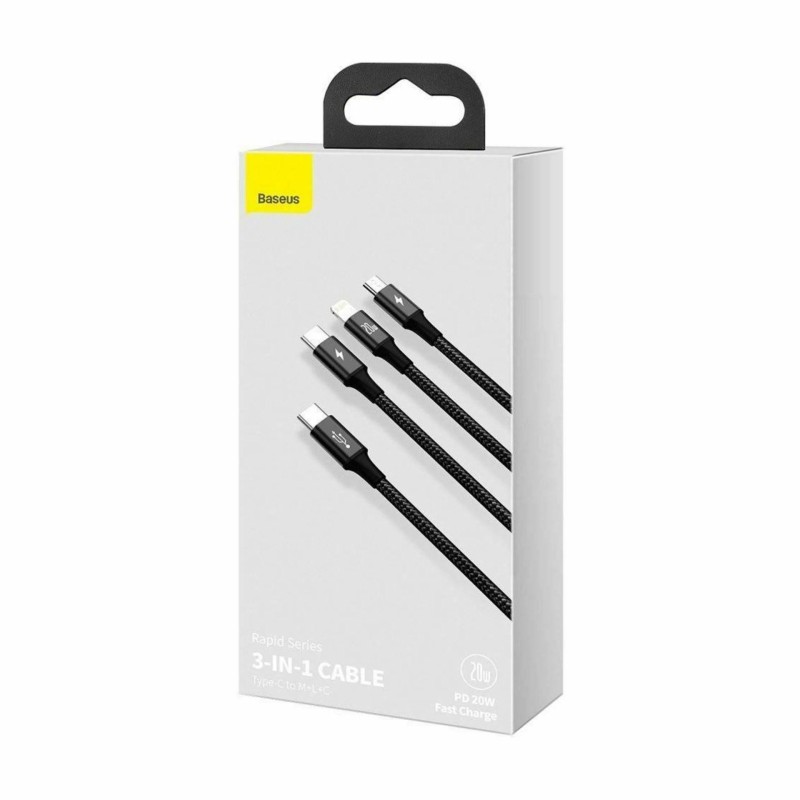 Kabel Baseus USB-C 3v1 Lightning/USB-C/MicroUSB 20W 1.5m, črn