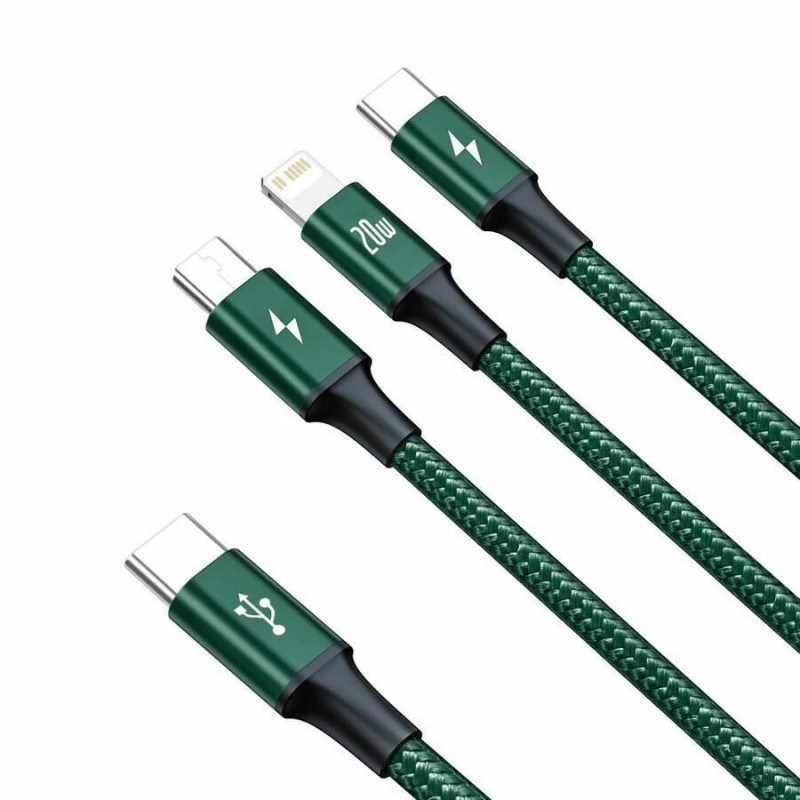 Kabel Baseus USB-C 3v1 Lightning/USB-C/MicroUSB 20W 1.5m, zelen