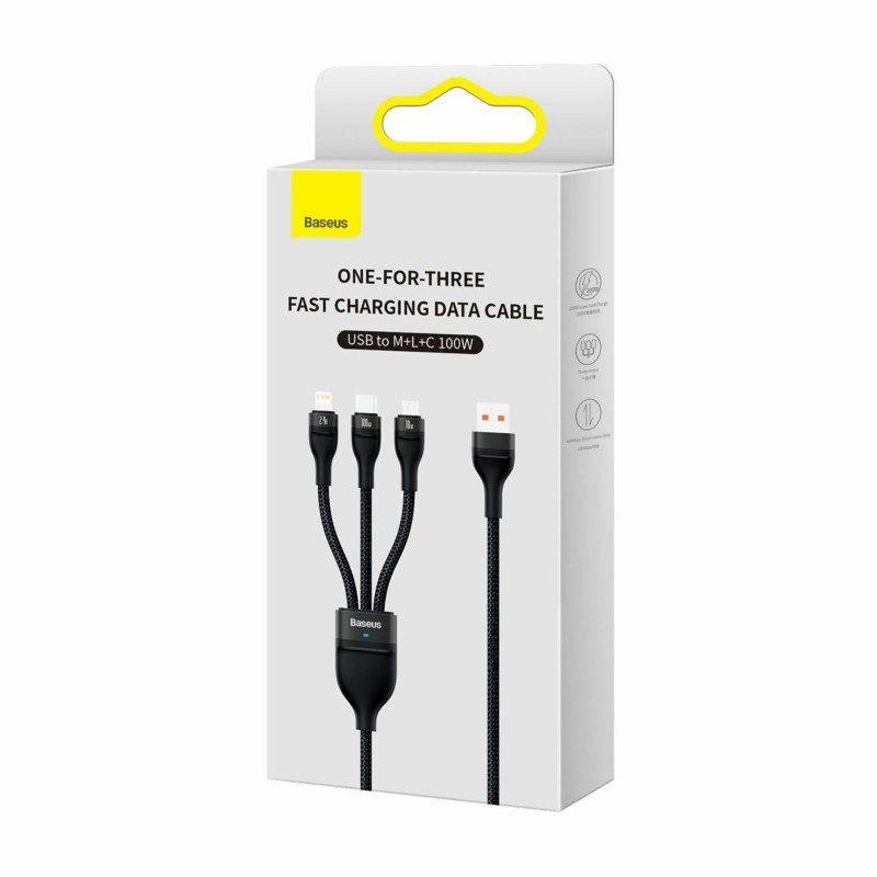 Kabel Baseus USB-A 3v1 Lightning/USB-C/MicroUSB 100W 1.2m črn, CASS030001