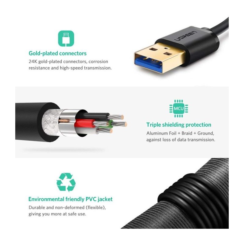 Ugreen USB 3.0 kabel (M na M) črn 0.5 m