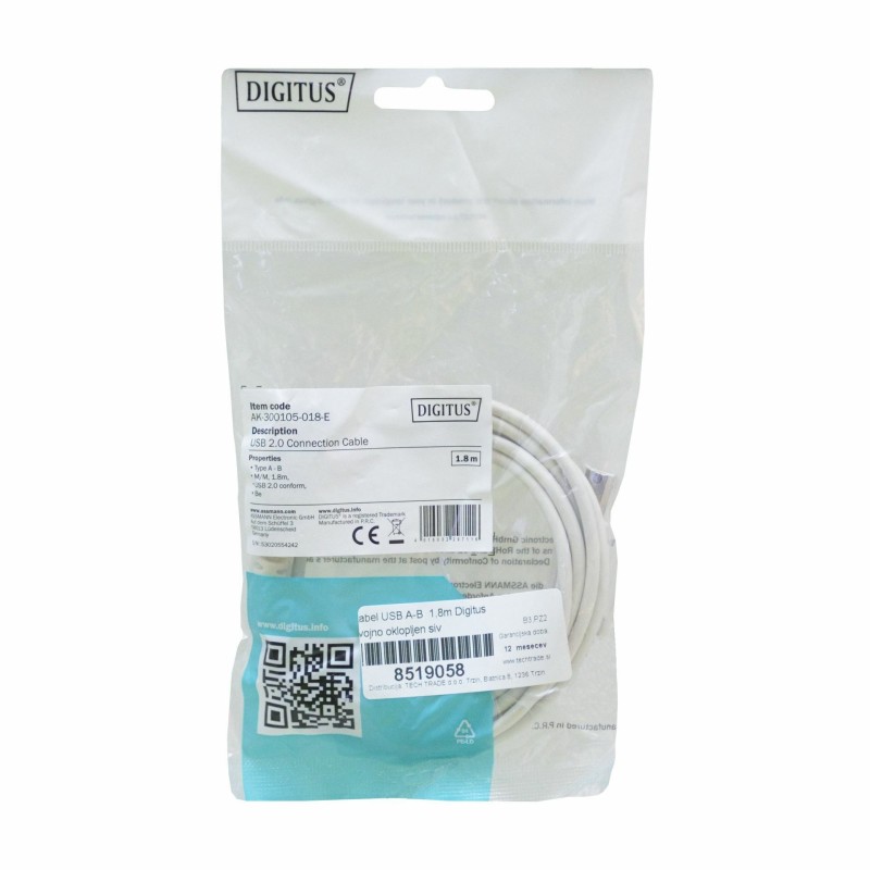 Kabel Digitus USB A-B, 1,8m, siv