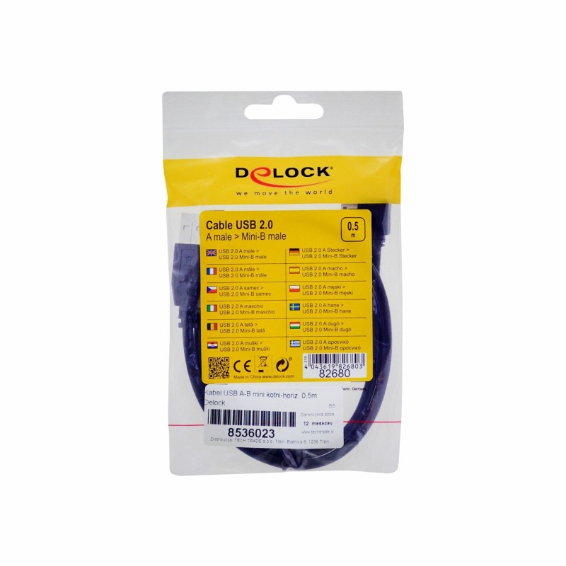Kabel USB A-B mini kotni-horizontalno 0.5m Delock