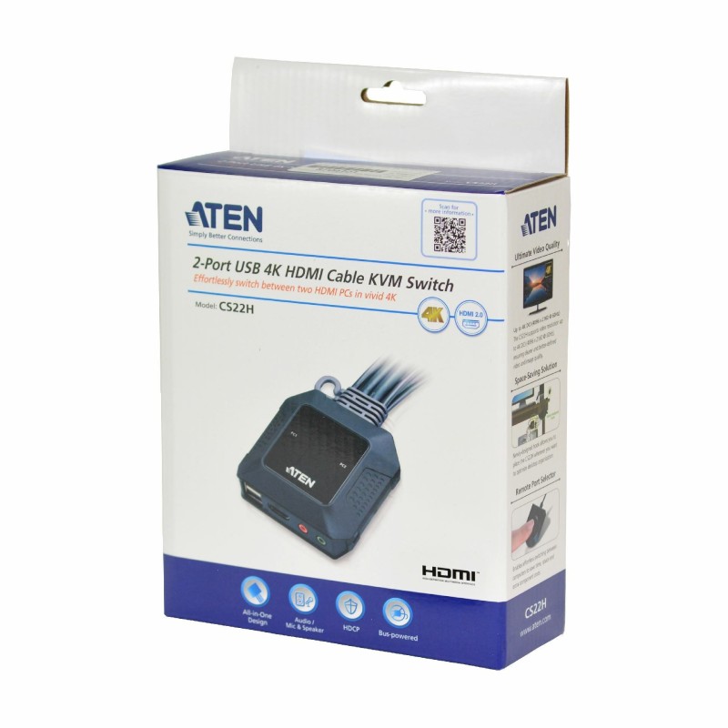 ATEN KVM stikalo 2x1 mini 4K HDMI/USB/ AVDIO s kabli CS22H