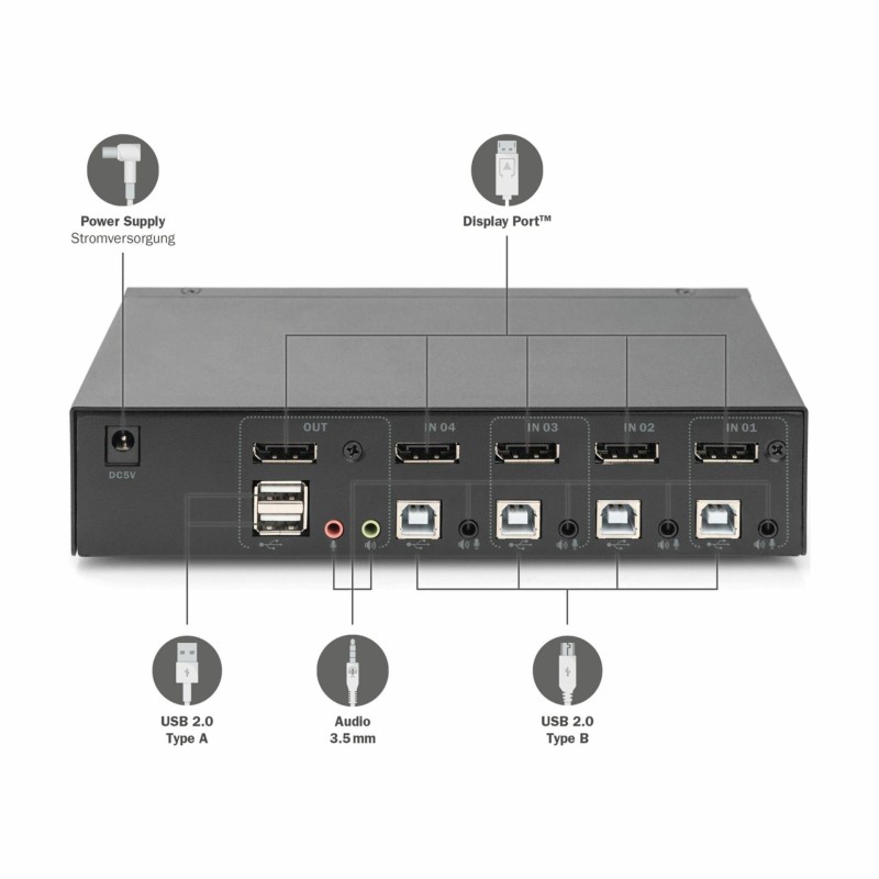 KVM stikalo Digitus DS-12891 (4x DisplayPort, 4x USB-B, avdio)