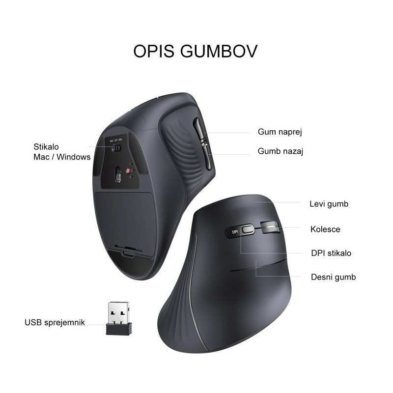 Ergonomska vertikalna miška Ugreen, BlueTooth in WiFi