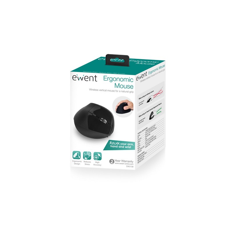 Miška brezžična Ewent Ergonomic Vertical, črna, EW3158
