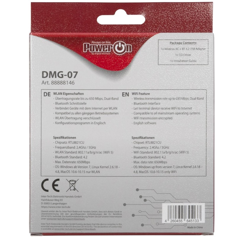 Brezžična mrežna kartica INTER-TECH DMG-07 AC-650, USB, BT