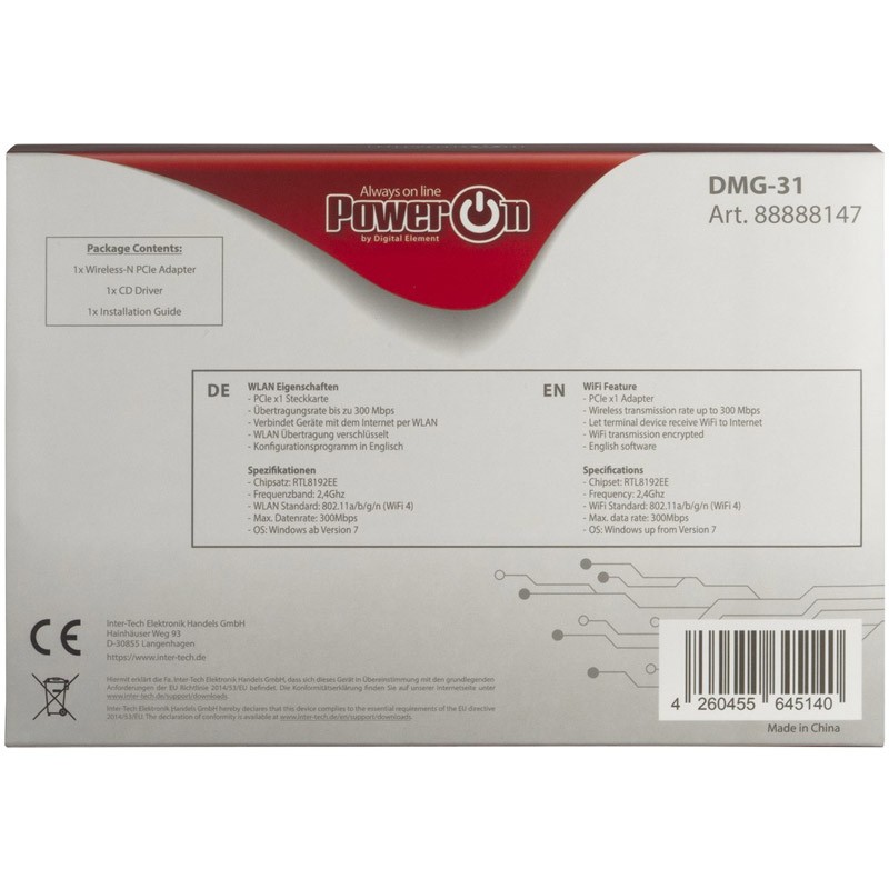 Brezžična mrežna kartica INTER-TECH DMG-31, 300Mbps, PCIe
