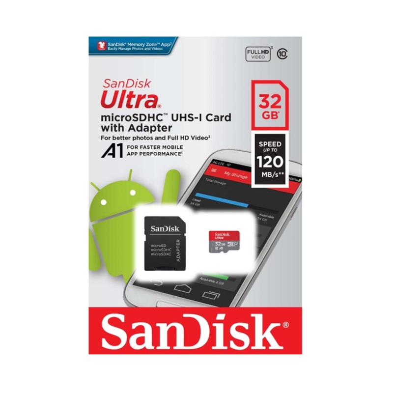 Spominska kartica micro SDHC 32GB C10 UHS-1 A1, adapter, SanDisk Ultra 120 MB/s