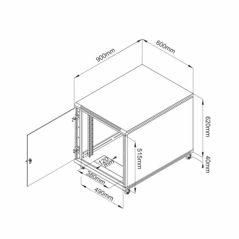 Samostoječi kabinet Triton 12U 620 600x900, črn, sestavljen, s kolesi