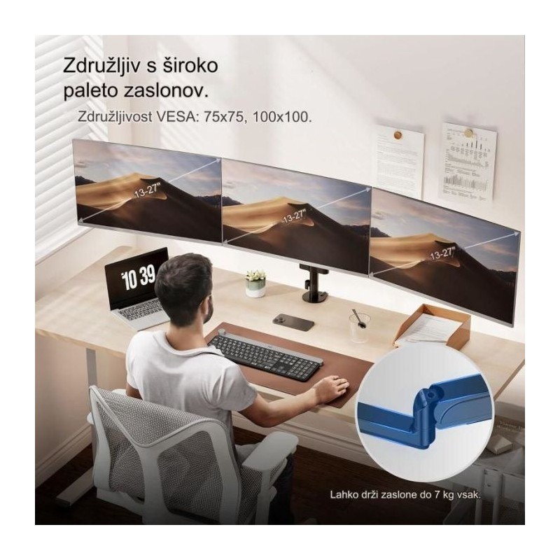 VonHaus trojni namizni nosilec do diagonale 32, 2 x USB 3.0, plinska vzmet, 30