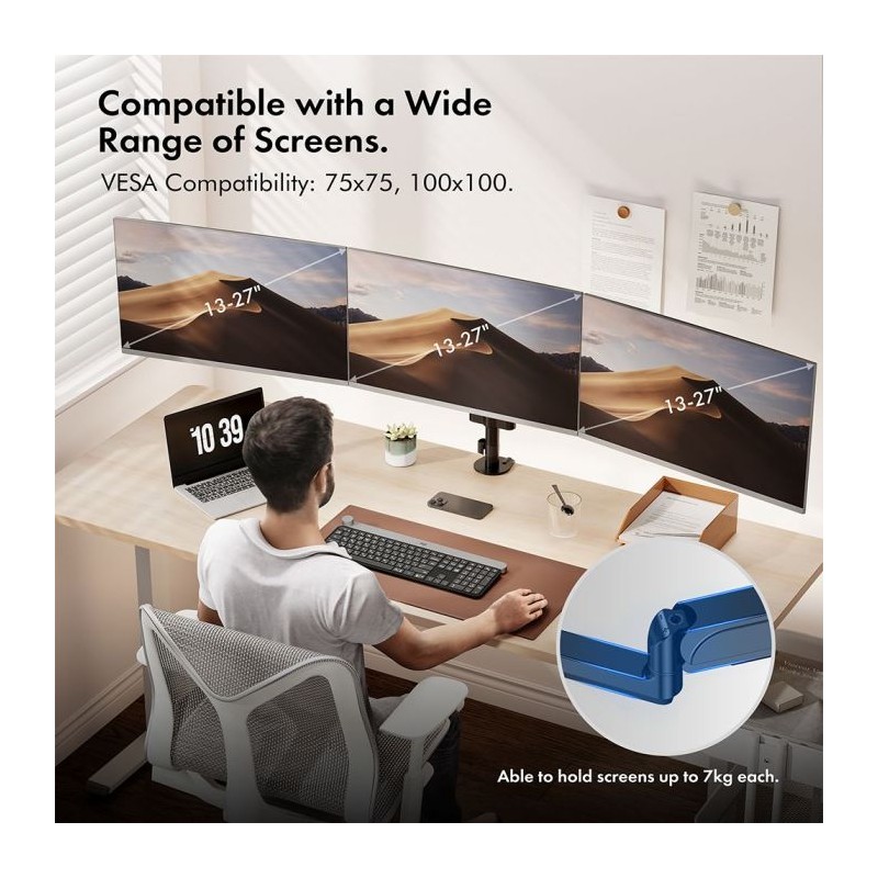 VonHaus trojni namizni nosilec do diagonale 32, 2 x USB 3.0, plinska vzmet, 30