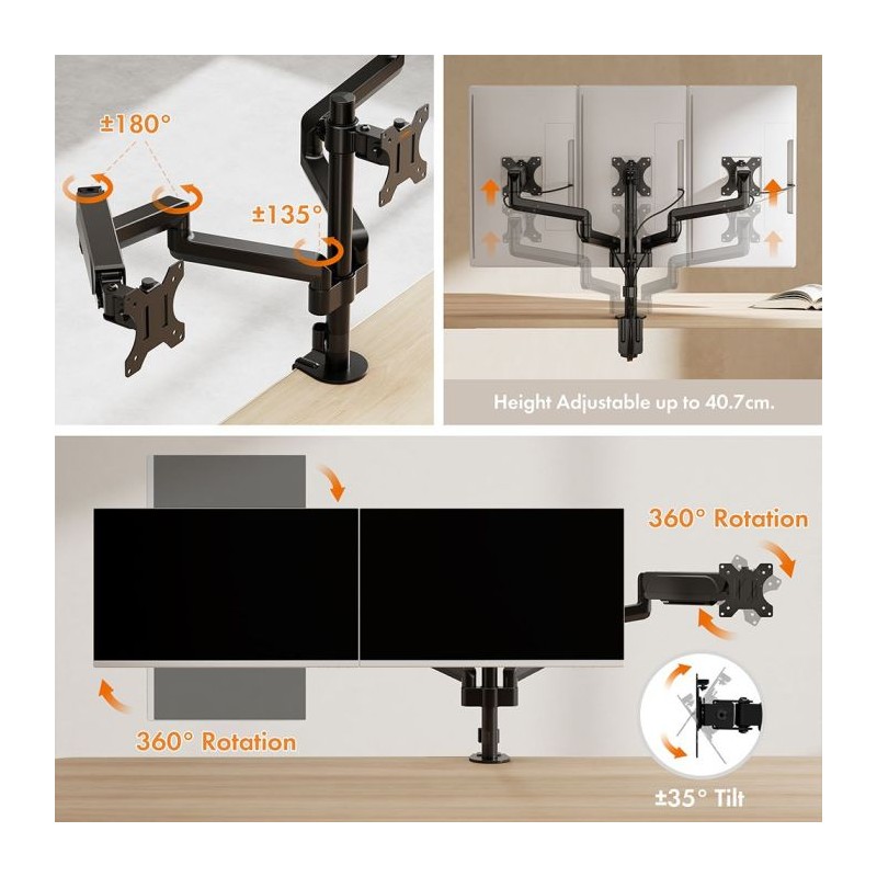 VonHaus trojni namizni nosilec do diagonale 32, 2 x USB 3.0, plinska vzmet, 30