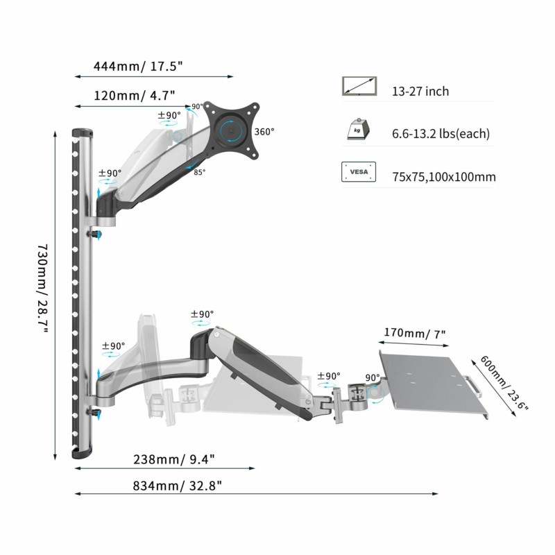 Stenski nosilec za monitor z flex polico Digitus DA-90354, srebrn