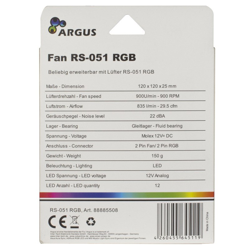 Ventilator INTER-TECH ARGUS RS-051, 120mm, RGB