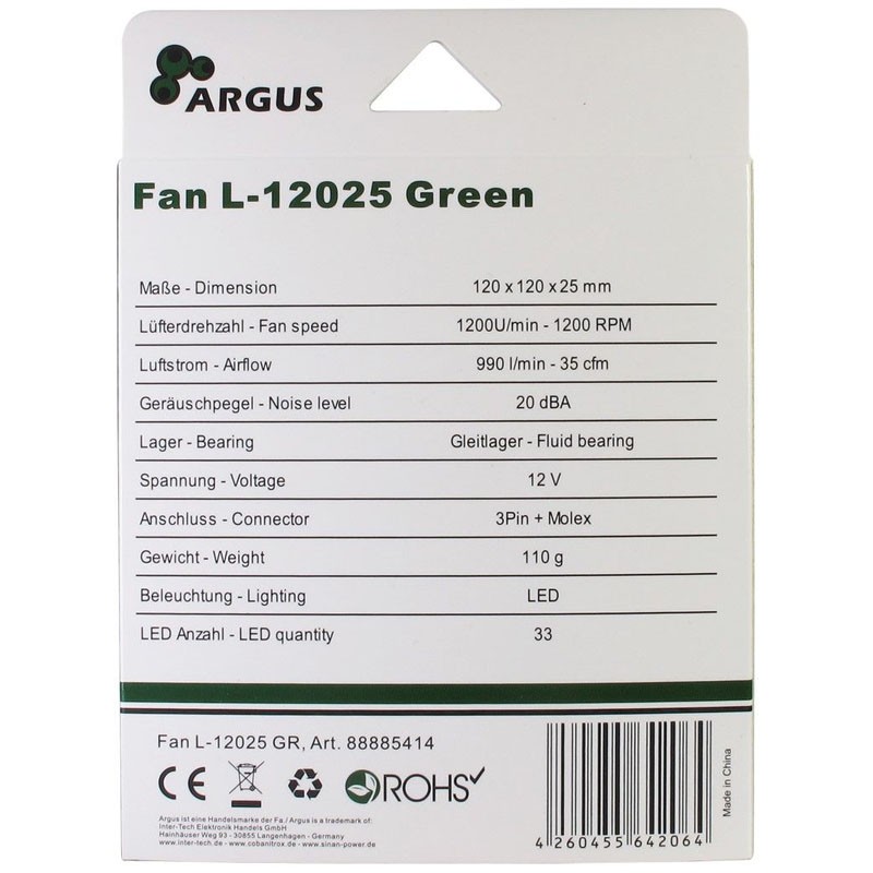 Ventilator 120mm INTER-TECH Argus L-12025 GR zelen LED