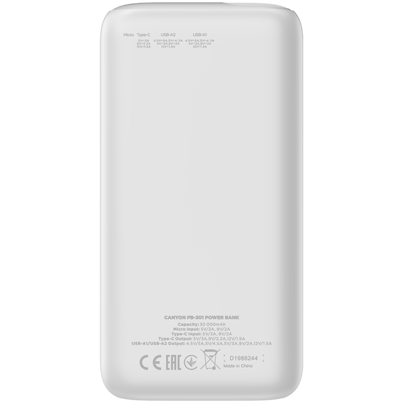 Prenosna baterija Powerbank CANYON PB - 301, 30000mAh, bel
