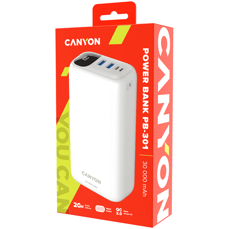 Prenosna baterija Powerbank CANYON PB - 301, 30000mAh, bel