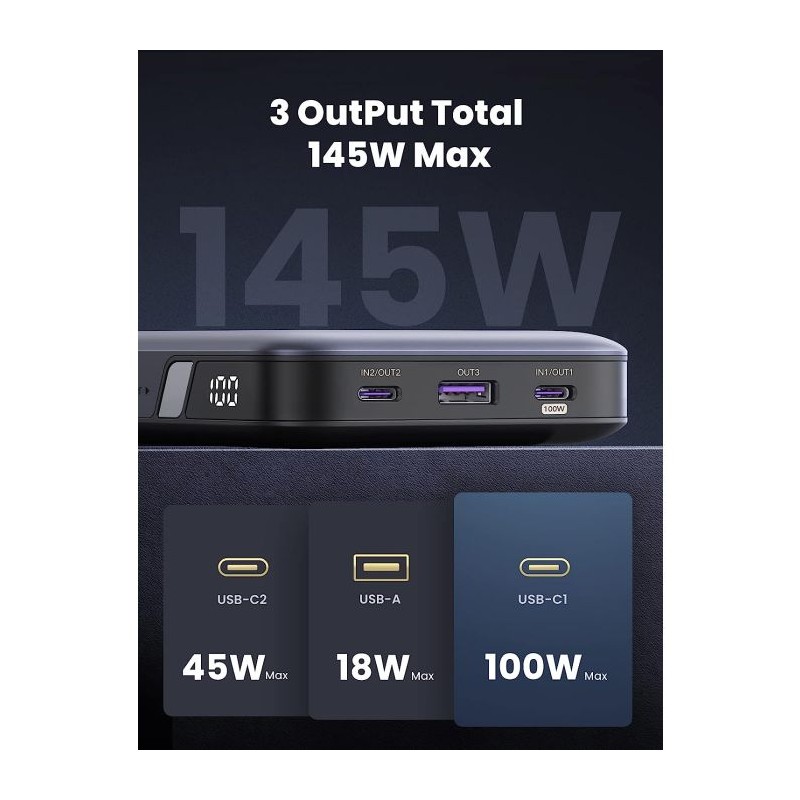 Prenosna baterija Ugreen 145W 25000mAh za prenosni računalnik, 3 port