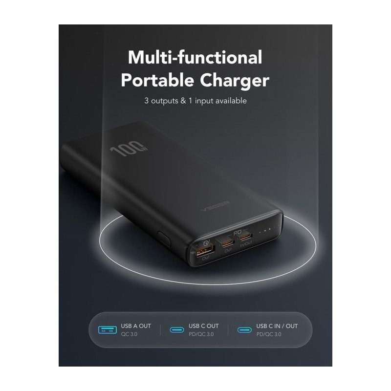 Prenosna baterija Powerbank VEGER T100 PowerBank 20.000 mAh T100, črn