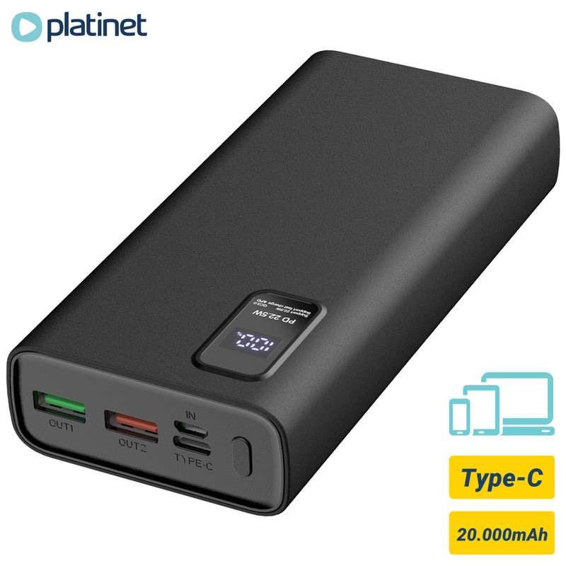 Prenosna baterija Powerbank Platinet 20.000mAh, USB-C, črn