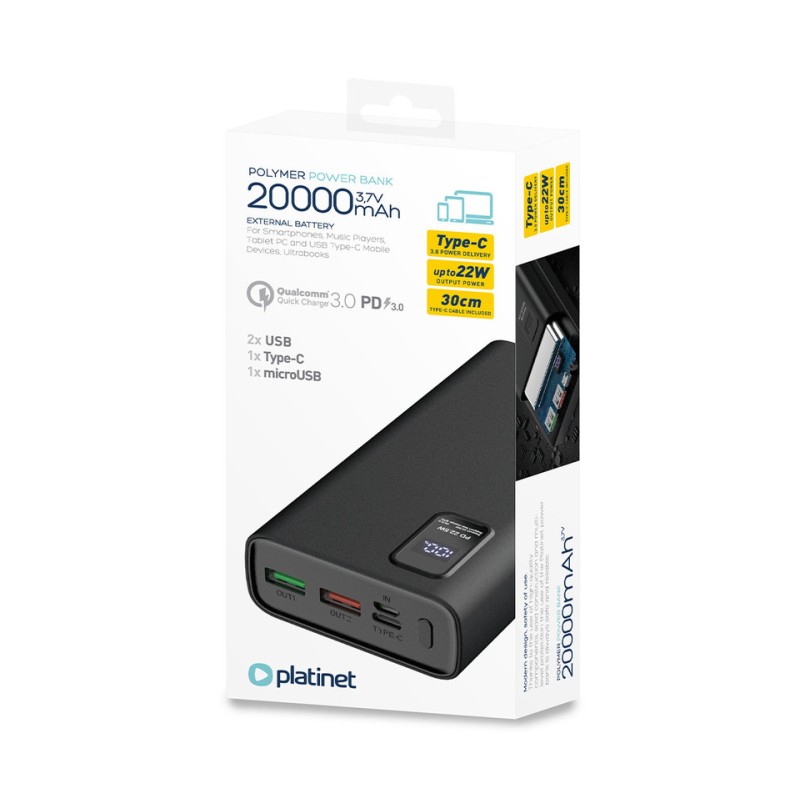 Prenosna baterija Powerbank Platinet 20.000mAh, USB-C, črn