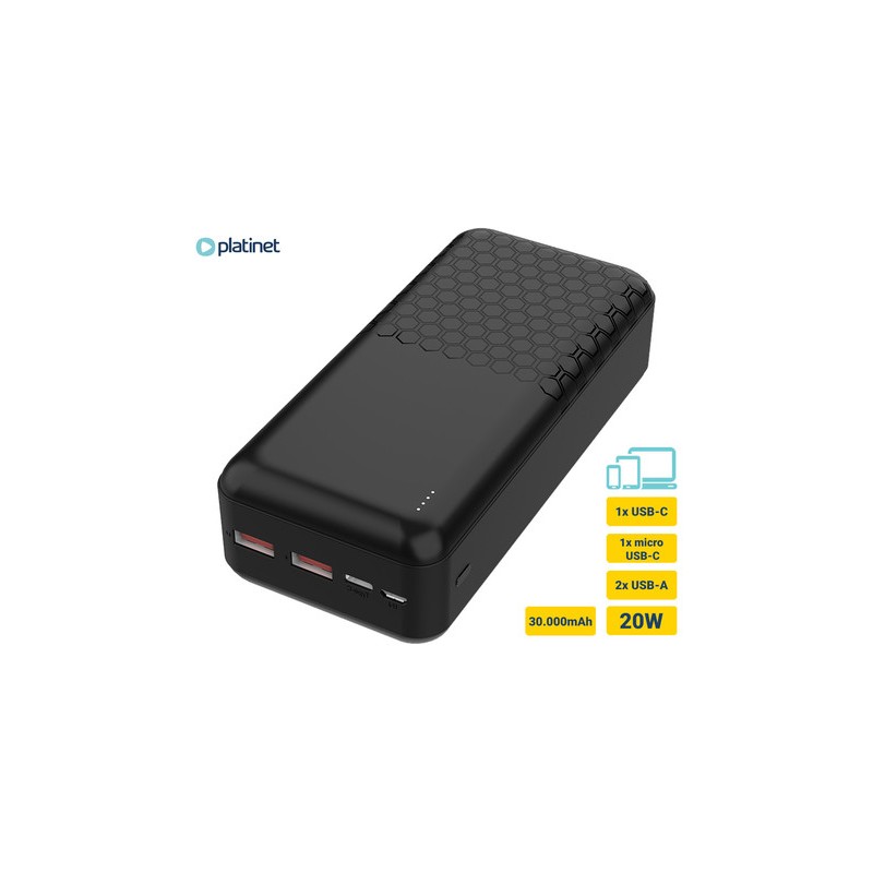 Prenosna baterija Powerbank Platinet PMPB30OP19B, 30.000mAh, USB-C, črn