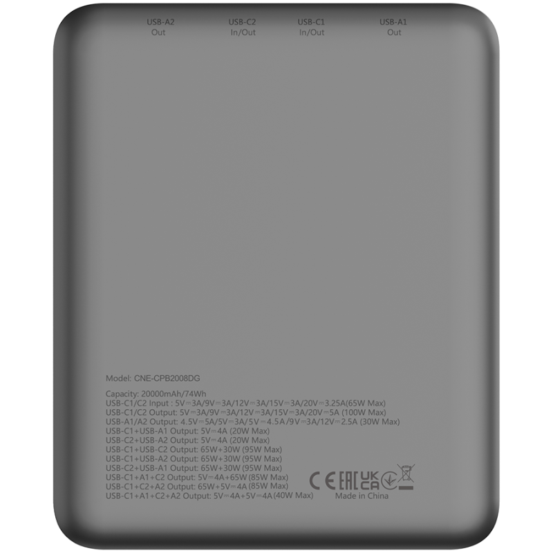 Prenosna baterija Powerbank Canyon PB-2008, 20000 mAh, 100W, siva