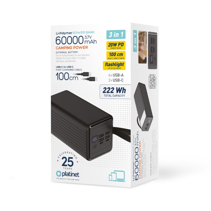 Prenosna baterija Powerbank Platinet PMPB6020, 20W, 60.000mAh