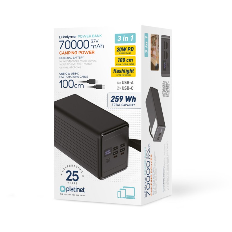 Prenosna baterija Powerbank Platinet PMPB7020, 20W, 70.000mAh