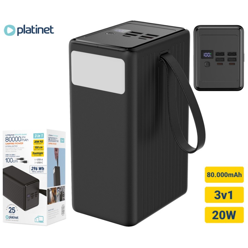 Prenosna baterija Powerbank Platinet PMPB8020, 20W, 80.000mAh