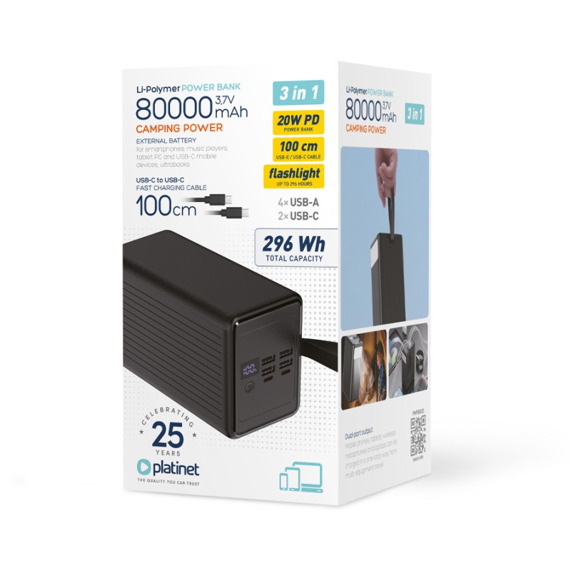Prenosna baterija Powerbank Platinet PMPB8020, 20W, 80.000mAh