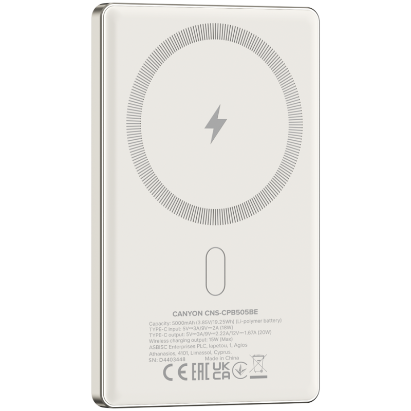 Prenosna baterija CANYON OnCharge 505 slim Magsafe, 5000mAh, PD20W, bež