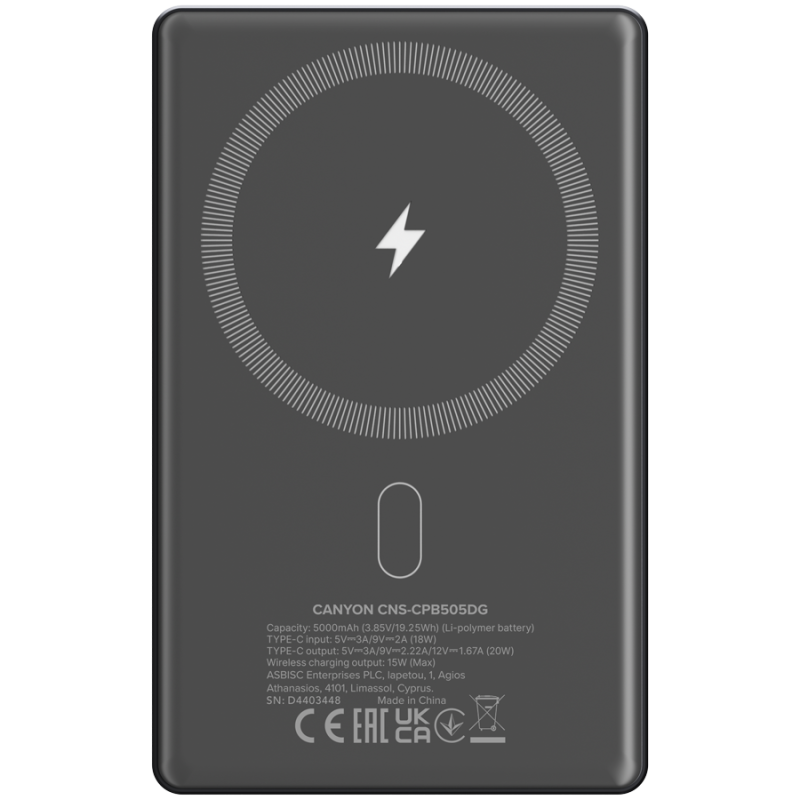 Prenosna baterija CANYON OnCharge 505 slim Magsafe 5000 mAh PD20W, siva