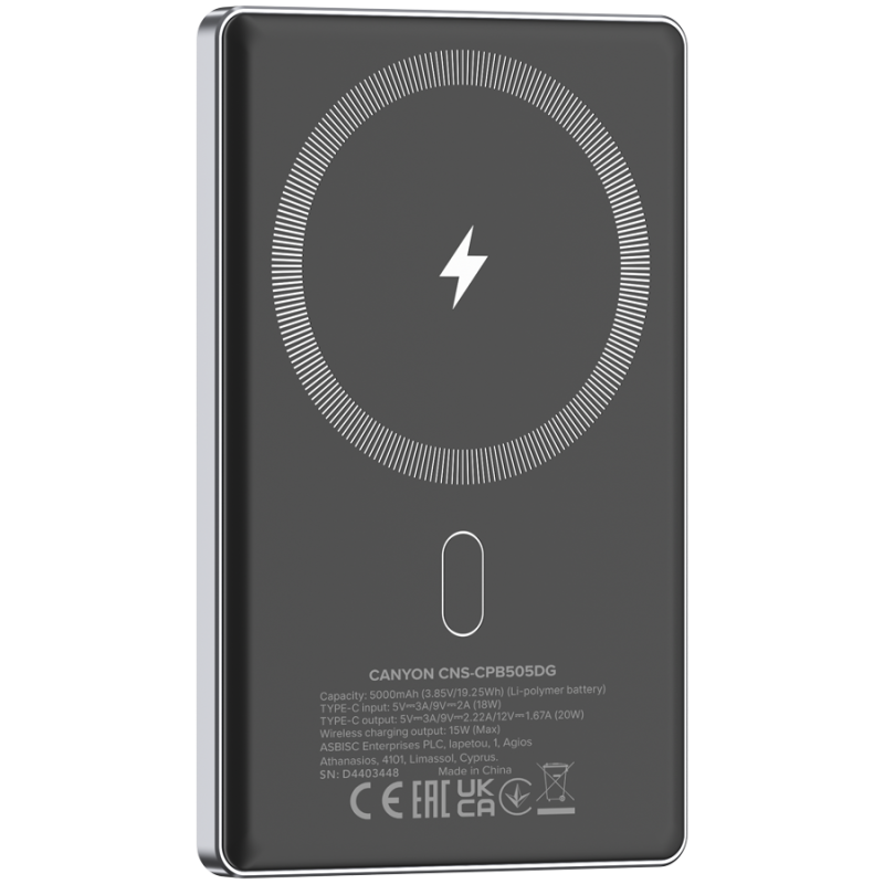 Prenosna baterija CANYON OnCharge 505 slim Magsafe 5000 mAh PD20W, siva