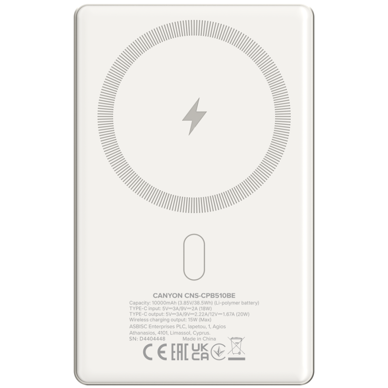 Prenosna baterija CANYON OnCharge 510 slim Magsafe 10000 mAh PD20W, bež