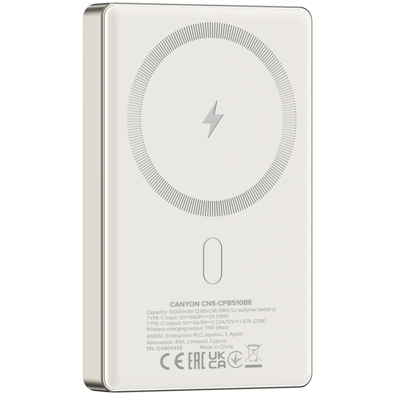 Prenosna baterija CANYON OnCharge 510 slim Magsafe 10000 mAh PD20W, bež
