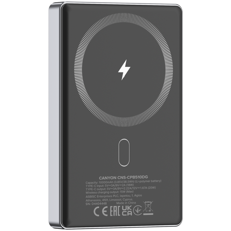 Prenosna baterija CANYON OnCharge 510 slim Magsafe 10000 mAh PD20W, siva
