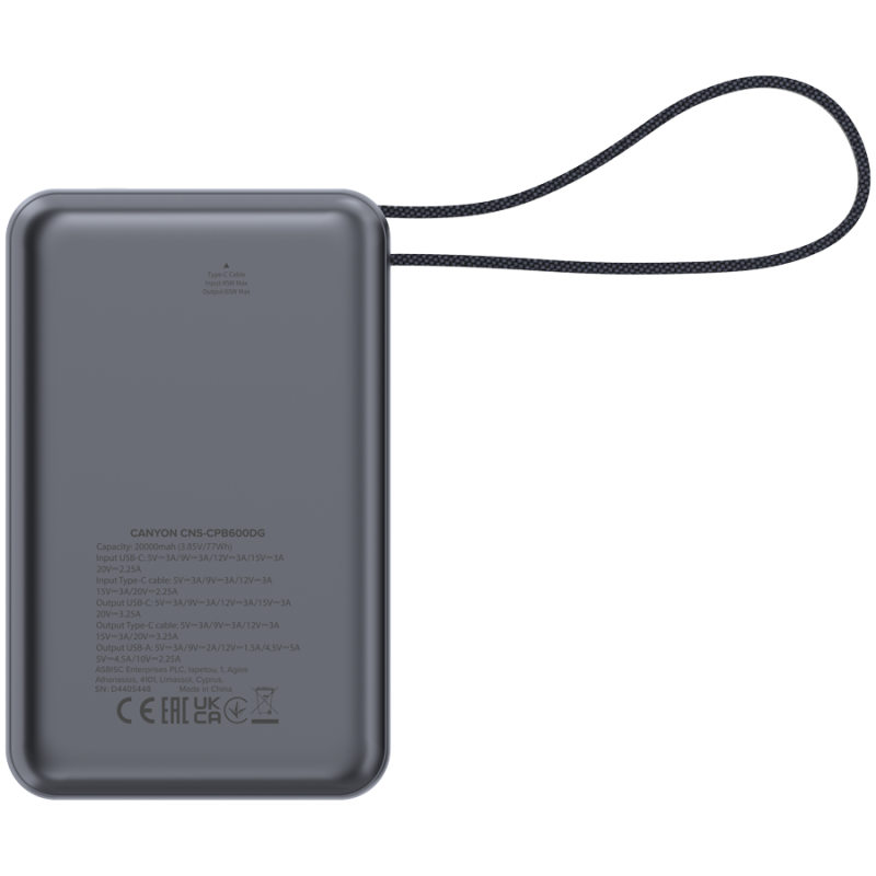 Prenosna baterija CANYON OnPower 600 built-in cable 20000 mAh PD65W, siva
