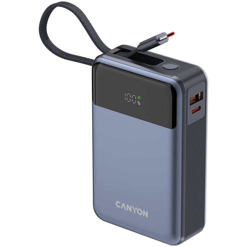 Prenosna baterija CANYON OnPower 600 built-in cable 20000 mAh PD65W, siva