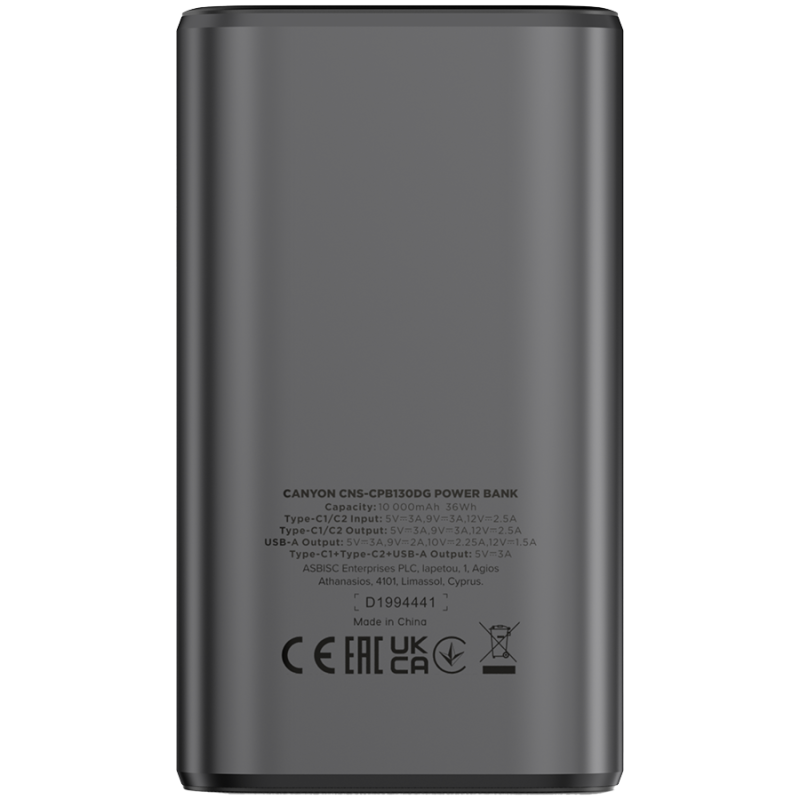 Prenosna baterija Powerbank CANYON OnPower 130 TFT, 10000 mAh, siva