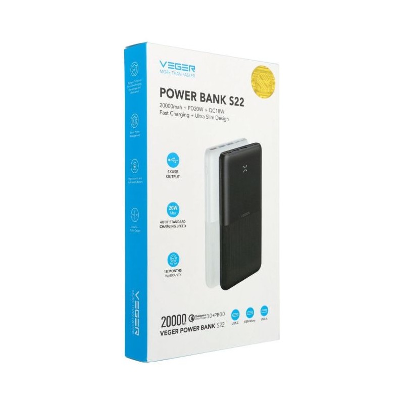 Prenosna baterija Powerbank VEGER S22, 20.000mAh, črna
