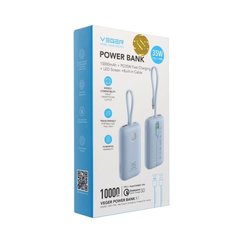 Prenosna baterija Powerbank VEGER W1188B, 10.000 mAh, modra